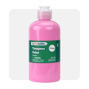 Image shows a pink Hello Hobby tempera paint bottle with a green label placed on a light background.