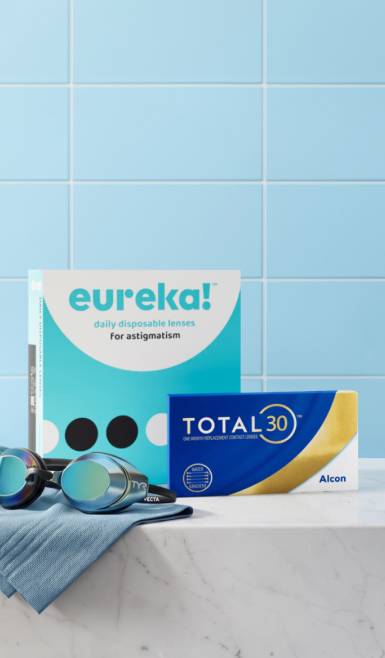 Swimming goggles, Eureka! contacts and Alcon TOTAL 30 contacts.