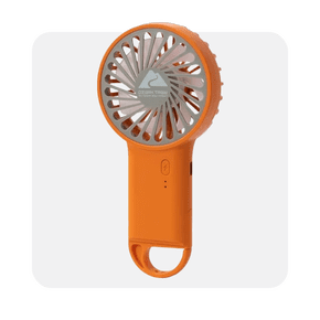 an orange personal fan on a grey background