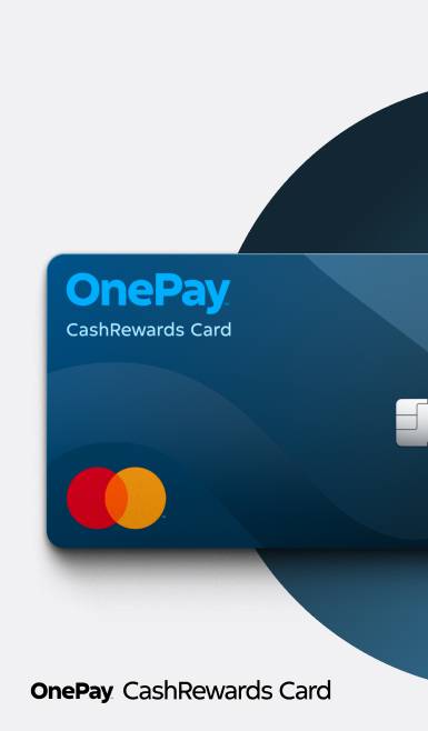 An image of a blue credit card featuring the orange and yellow MasterCard logo, as well as the words OnePay CashRewards Card.