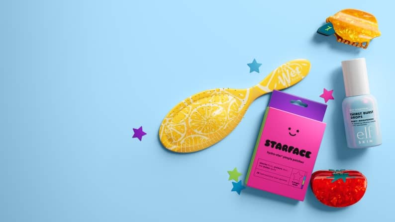 Blue banner with various colorful beauty products and text: Tweens & teens. Back-to-school beauty haul. Shop now.