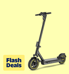 Image shows a black AOVOPRO foldable electric scooter with yellow accents on a light yellow background.