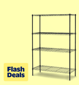 Image shows a black BestOffice four-shelf wire shelving unit on a light yellow background.