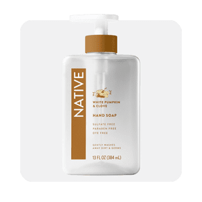 Image shows a bottle of Native sulfate-free hand soap with white pumpkin and clove scent on a white background.