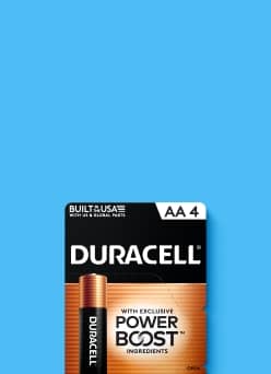 A four pack of Duracell AA batteries against a blue background.