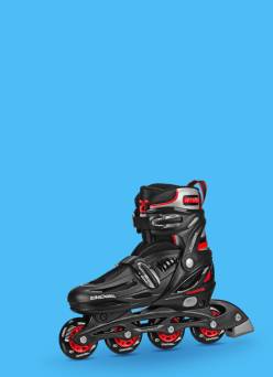 Black rollerblade with red details.