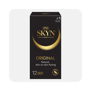 Image shows a box of LifeStyles Skyn Original Lubricated Non-Latex Condoms twelve count on a white background.