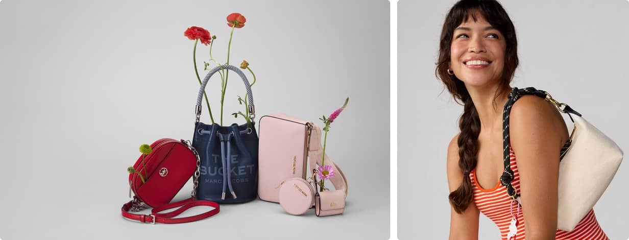 Marc Jacobs denim bucket bag; Michael Kors pink leather crossbody with round coin purse; red crossbody leather bag. Woman holding white shoulder bag.