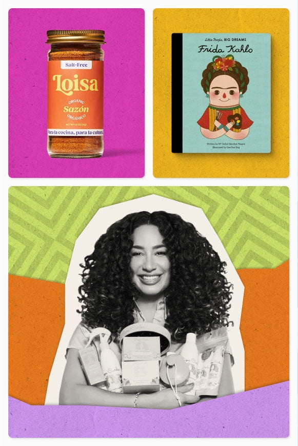 A banner with an image of Loisa sauce, a Lil’ Libros book, and Julissa Prade, founder of Rizos Curls.