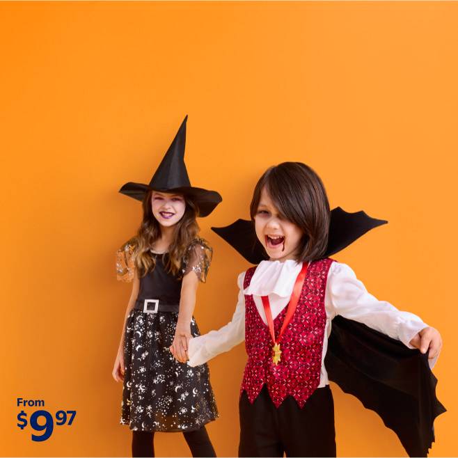 From nine dollars ninety-seven. Girl wearing witch costume and boy wearing vampire costume shown.