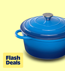Image shows a dark blue Hawsaiy enameled cast iron Dutch oven with a lid and dual handles on a light yellow background.