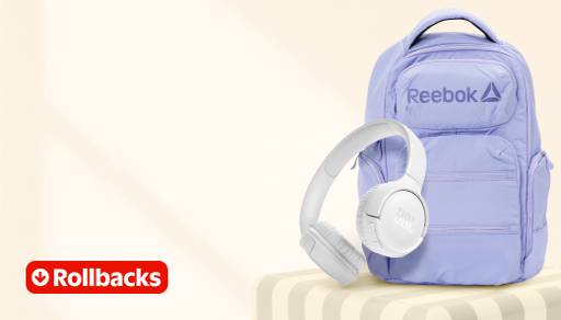 Rollbacks badge in the bottom left corner. A purple Reebok backpack and white headphones are on top of a yellow platform.