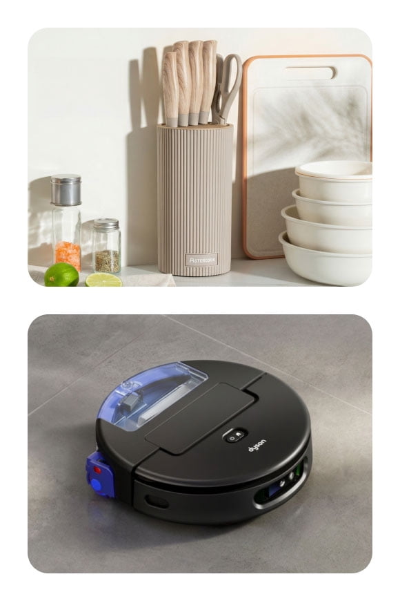 A stylish utensil container filled with spoons and a robot vacuum cleaner.