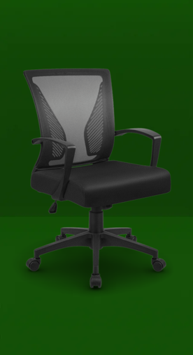 Image shows a black Furmax ergonomic mesh desk chair with armrests on a green background.