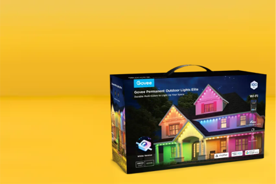 Image shows a box of Govee permanent outdoor lights with colorful lighting on a house, set against a yellow background.