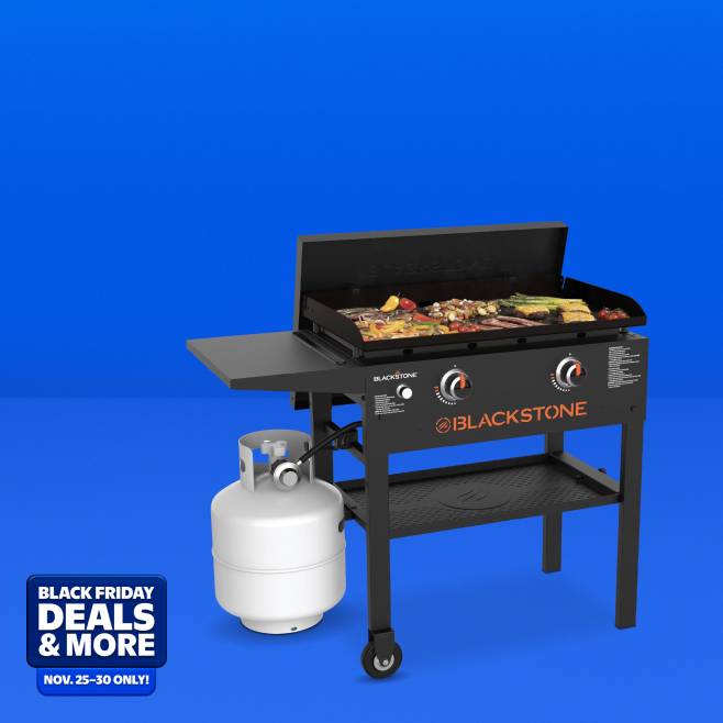 Black Friday Deals and more. Eleven twenty-five to thirty. Image shows a Blackstone propane grill.