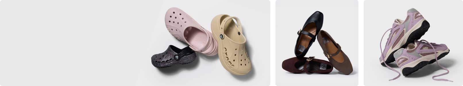 Assorted athletic, casual & dress shoes displayed on a white background.