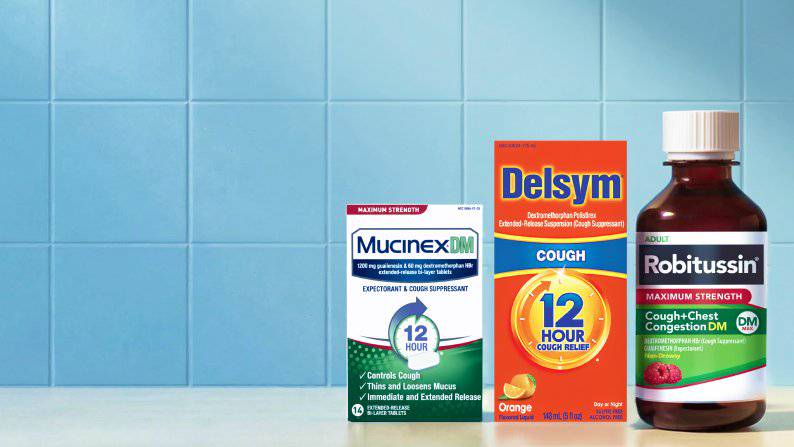 Mucinex, Delsym, and Robitussin bottle.