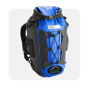 a blue hiking backpack emergency kit on a grey background
