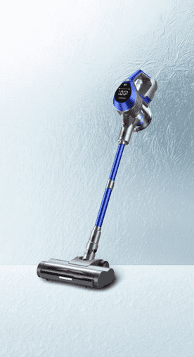 Image shows a lightweight blue and silver cordless MOOSOO stick vacuum cleaner on a textured light blue background.
