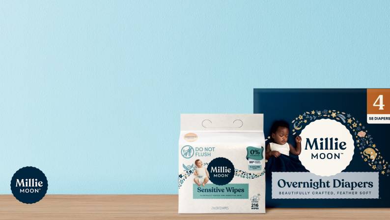 Millie Moon’s Overnight Diapers and Sensitive Wipes are shown.