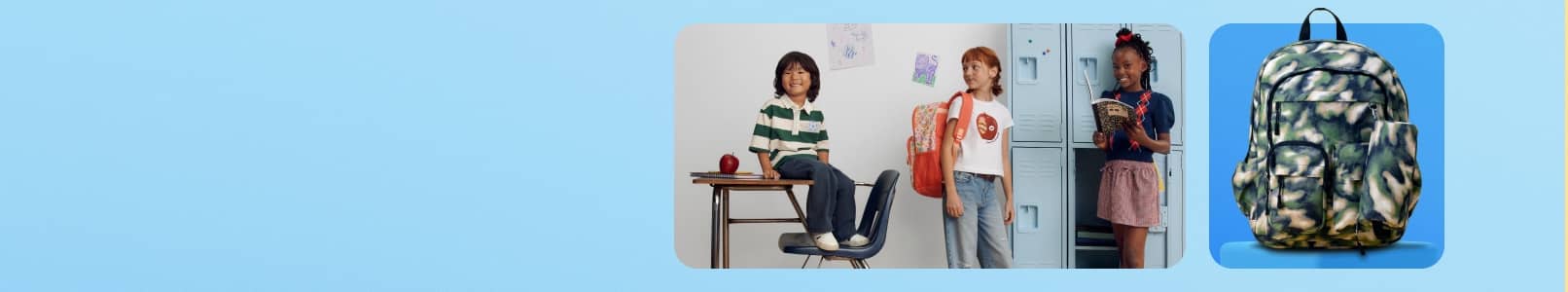 Three children with backpacks in school setting, one seated at desk, one standing near lockers and one reading notebook next to camouflage backpack.