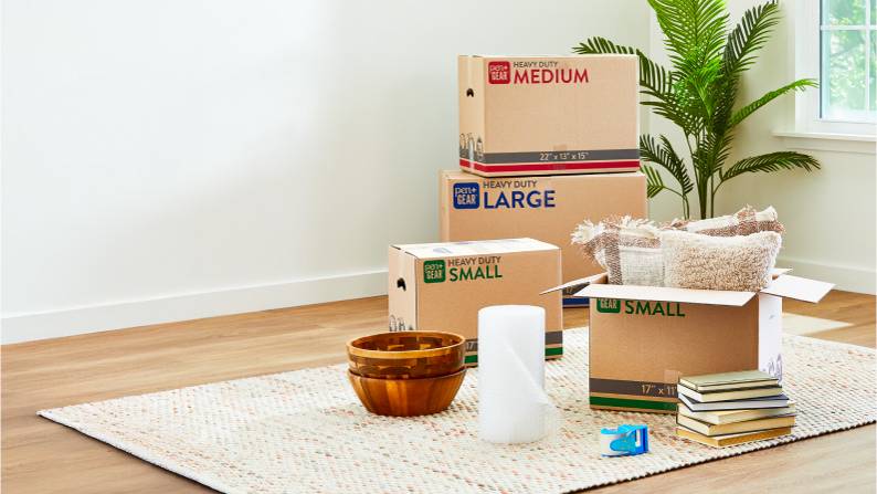 White room with moving boxes, bubble wrap, packaging tape, bowls, & books on a rug. Plant in corner.