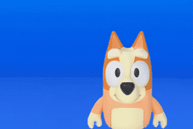 Image shows a blue and yellow Bluey action figure on a blue background.