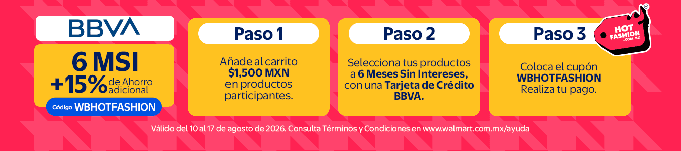 BBVA 6MSI+15%. Vigencia 10 al 7 de agosto. 1. Añade al carrito al menos $1,500 MXN en productos participantes. 2. Selecciona tus productos a 6 MSI, con una Tarjeta de Crédito BBVA. 3 Coloca el cupón WBHOTFASHION en tu carrito. Realiza tu pago