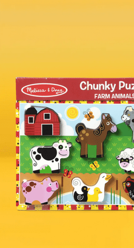 Image shows a colorful Melissa and Doug farm-themed wooden chunky puzzle with animal pieces on an orange background.