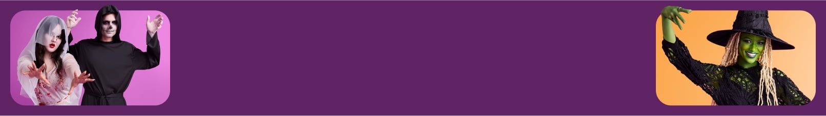 Woman wearing bride costume and man wearing ghoul costume alongside woman wearing an Elphaba witch custom shown.