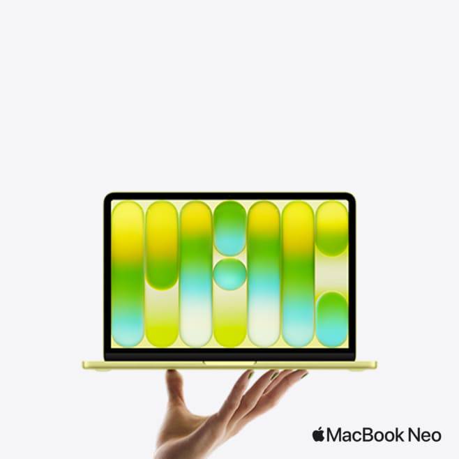 Hello, Neo tagline. Hand holding a MacBook Neo in citrus.