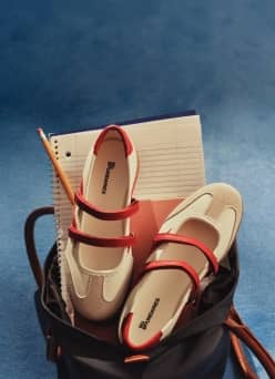 A pair of stylish shoes are positioned in a tote bag with a notebook behind them.