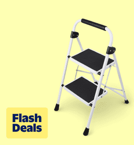 Image shows a black and white edx two-step folding step stool with a handrail on a pale yellow background.