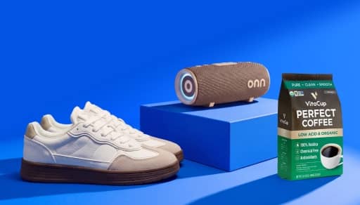 Onn wireless speaker with white and beige sneakers and Vitacup Perfect Coffee low acid and organic bag.