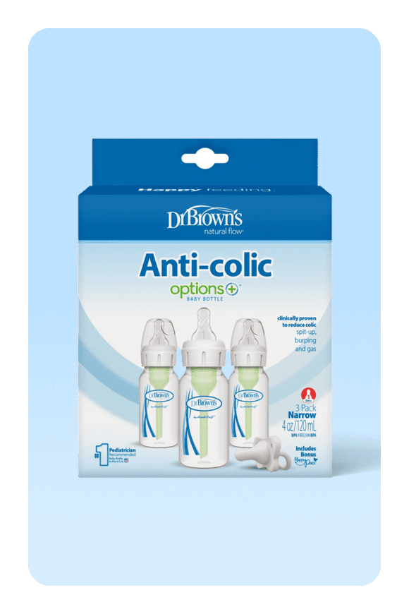 Image shows Dr. Brown’s Natural Flow Anti-Colic Options+ Narrow Baby Bottle, 4oz, Slow Flow, 0m+, 3 Pack