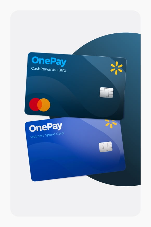 Walmart Plus. Two OnePay cards CashRewards Card and Walmart Spend Card with chips and Mastercard badge.