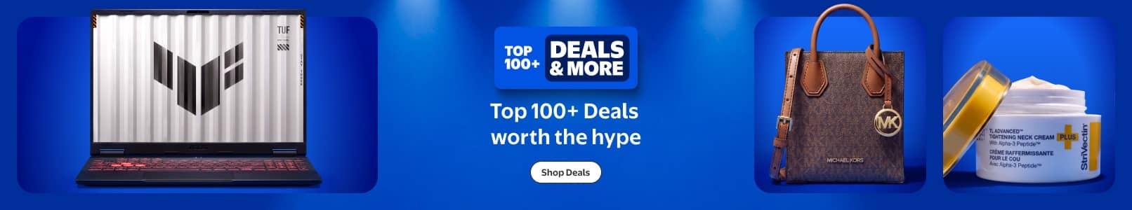 Top one hundred plus deals and more badge. Top one hundred plus deals worth the hype. Laptop, Michael Kors tote bag and Olay cream jar.