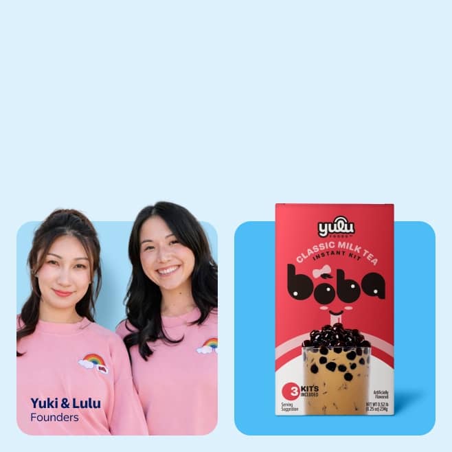 A photo of Yuki and Lulu, the founders of Yulu Foods, next to a box of Yulu Foods instant milk tea drink kits.