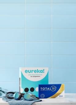 Swimming goggles ,Eureka! contacts and Alcon TOTAL 30 contacts.