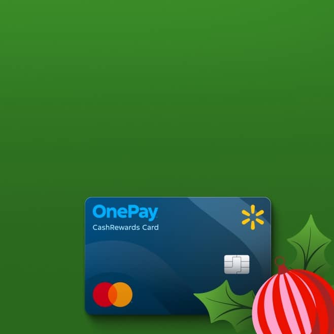 An image of a blue credit card with the orange MasterCard and yellow Walmart logos. Illustrated leaves and a red ornament are on the green background.
