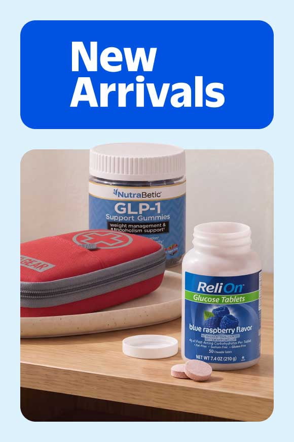 New Arrivals badge with NutraBetic GLP one support gummies and ReliOn blue raspberry glucose tablets on a wooden surface.