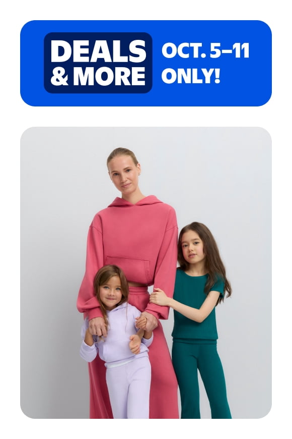 Deals and More badge reads: Oct. five through eleven only. Adult in pink hoodie dress with two children in purple and teal outfits.