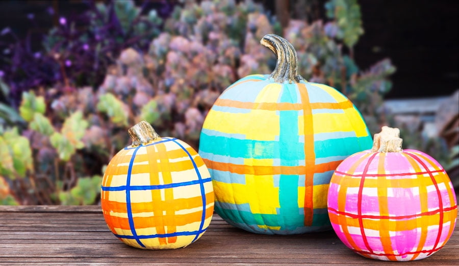 3 colorful plaid pumpkins for Halloween