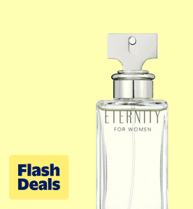 Image shows a clear Calvin Klein Eternity perfume bottle for women on a light yellow background.
