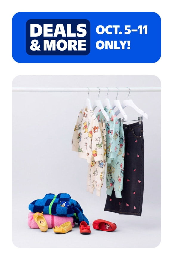 Deals and More badge reads: Oct. five through eleven only. Children outfits on hangers with shoes and folded clothes below.