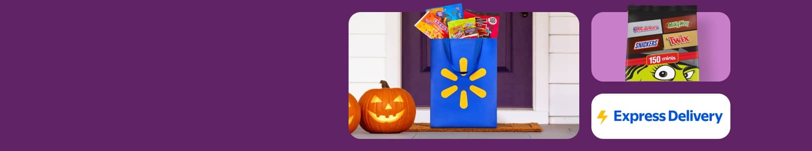 View a Walmart bag full of treats. Also view a variety pack of candy including Snickers, Three Musketeers, Milky Way and Twix. Express Delivery.