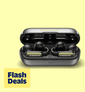 Flash deals. Image shows black Monster open-ear wireless earbuds in a sleek charging case on a light yellow background.