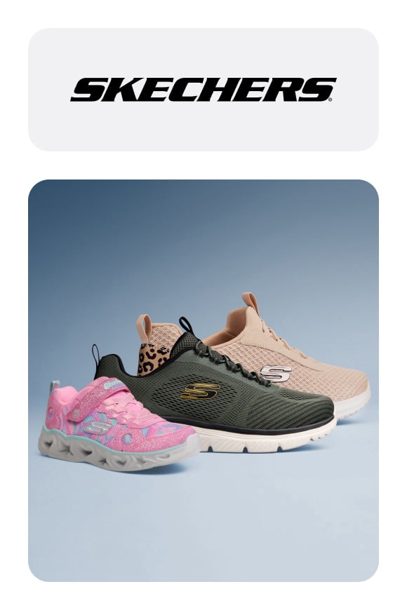 Three Skechers featuring women’s tan slip-on sneakers, men’s olive green slip-on sneakers and girls’ pink sneakers.