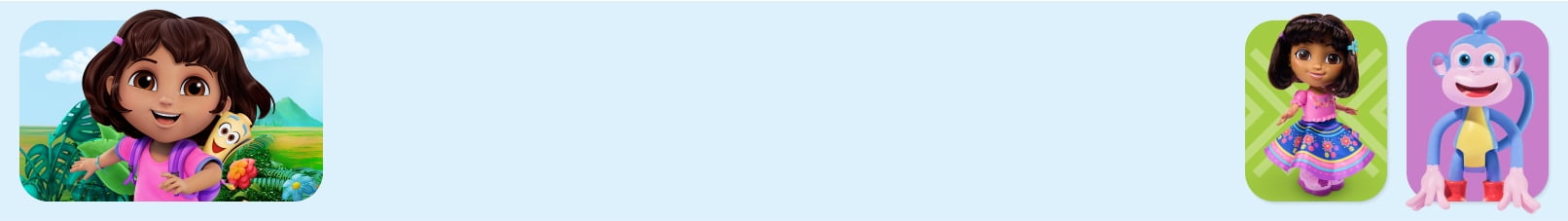 View Dora the Explorer and the Map as well as a Dora doll wearing a pink and blue shirt and a toy figure of Boots.